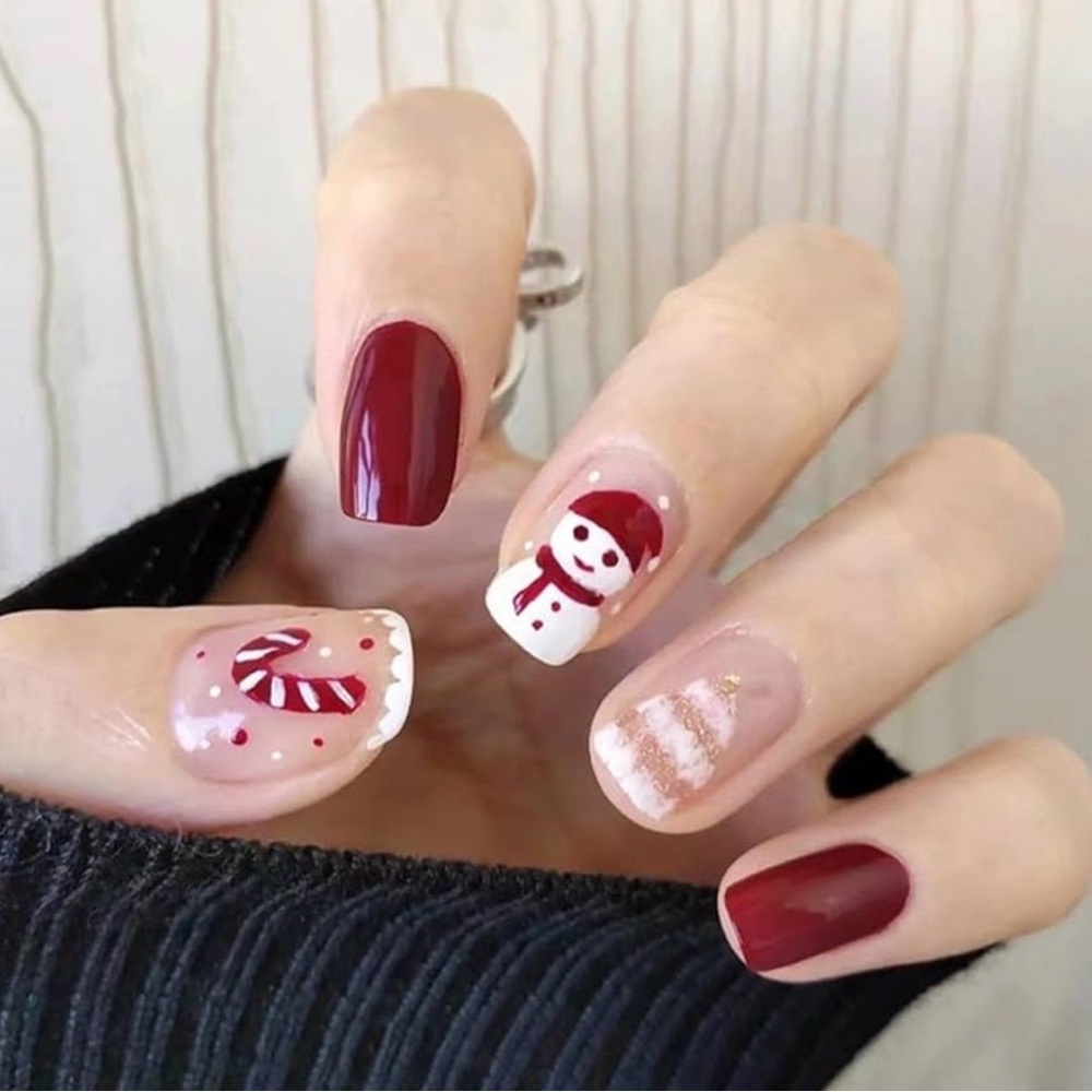 Festive Snowman & Candy Cane Press On Nails | Red & White Christmas Nails - Picture 1 of 3